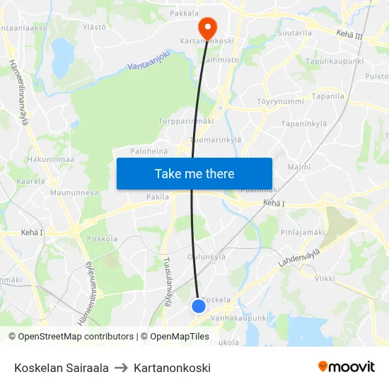 Koskela Hospital to Manor Rapids map