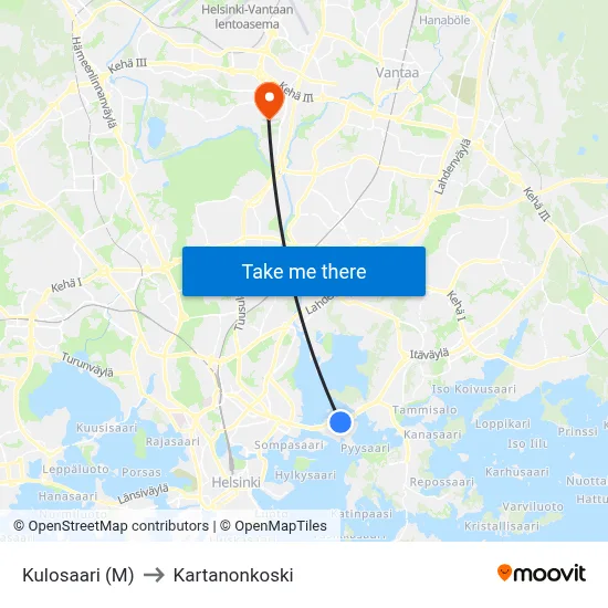 Kulosaari (M) to Manor Rapids map