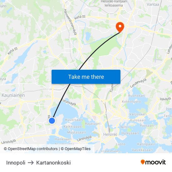 Innopoli to Kartanonkoski map