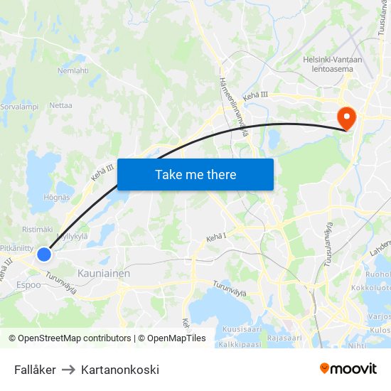 Fallåker to Kartanonkoski map