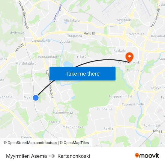 Myyrmäki Station to Manor Rapids map
