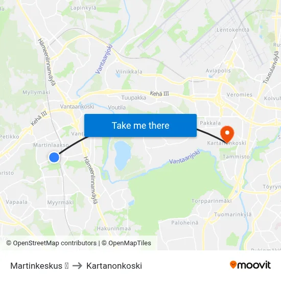 Martinkeskus 🏊 to Manor Rapids map