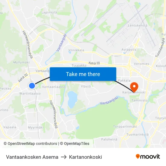 Vantaankoski Station to Manor Rapids map