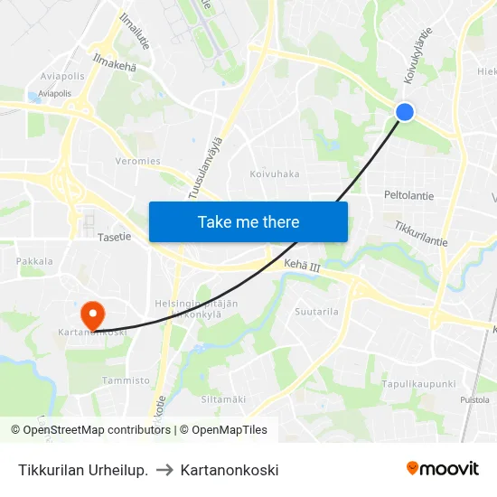 Tikkurila Sports Park to Manor Rapids map