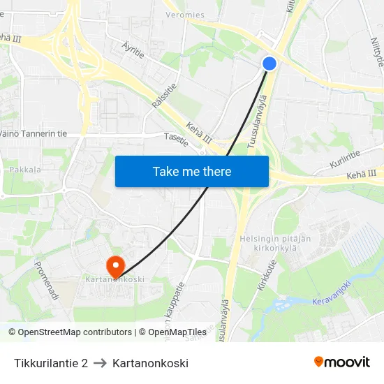 Tikkurilantie 2 to Manor Rapids map