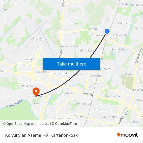 Koivukylä Station to Manor Rapids map