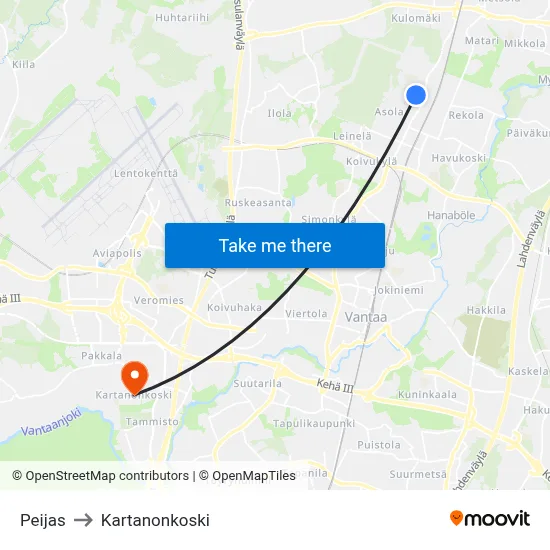 Peijas to Manor Rapids map