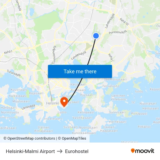 Helsinki-Malmi Airport to Eurohostel map