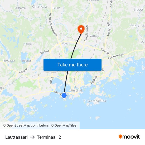 Lauttasaari to Terminaali 2 map