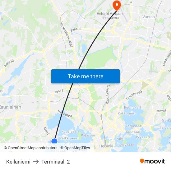Keilaniemi to Terminaali 2 map