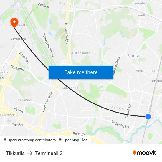 Tikkurila to Terminaali 2 map