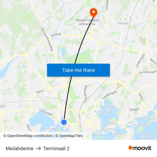 Meilahdentie to Terminaali 2 map