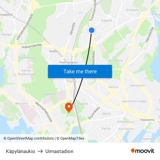 Käpylänaukio to Uimastadion map