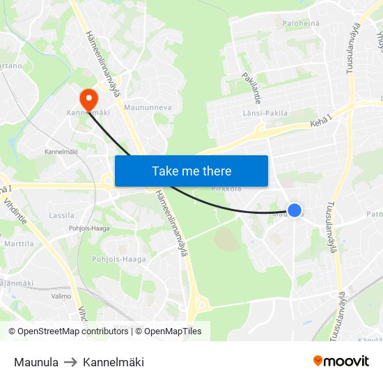 Maunula to Kannelmäki map