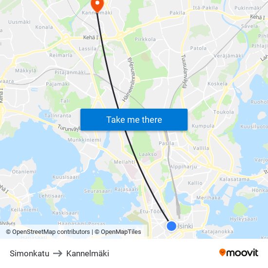 Simonkatu to Kannelmäki map