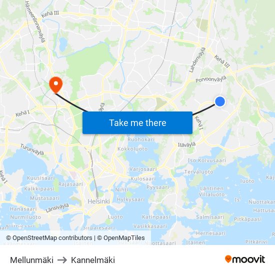 Mellunmäki to Kannelmäki map