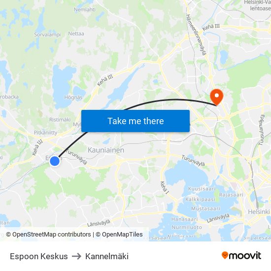 Espoon Keskus to Kannelmäki map