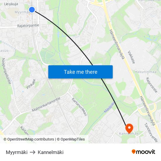 Myyrmäki to Kannelmäki map