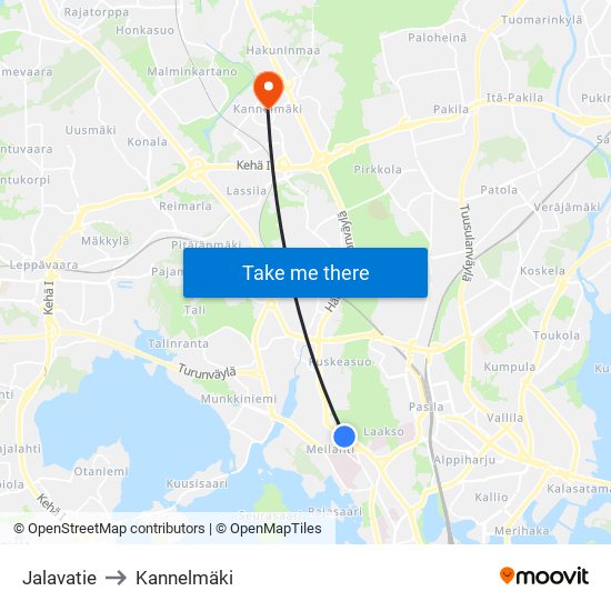 Jalavatie to Kannelmäki map