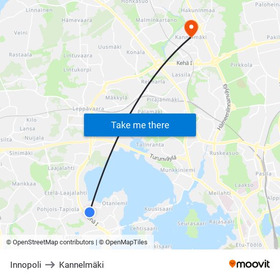 Innopoli to Kannelmäki map