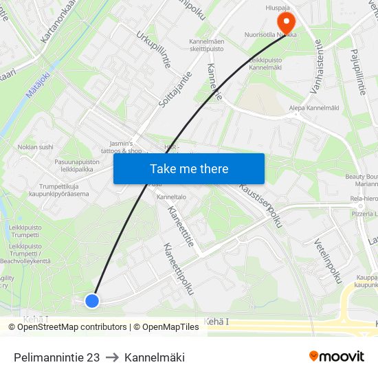 Pelimannintie 23 to Kannelmäki map