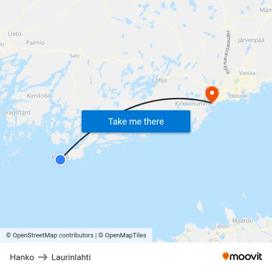 Hanko to Laurinlahti map