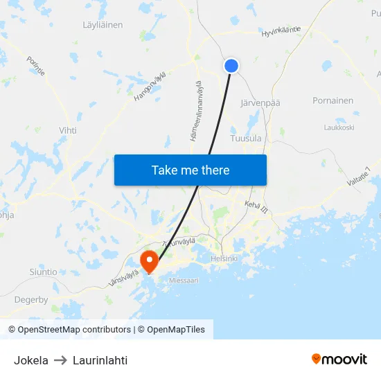 Jokela to Laurinlahti map