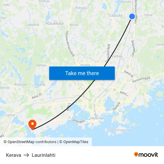 Kerava to Laurinlahti map