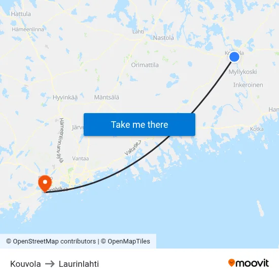Kouvola to Laurinlahti map