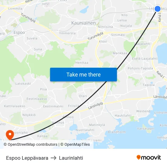 Espoo Leppävaara to Laurinlahti map