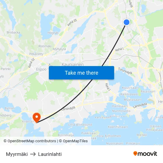 Myyrmäki to Laurinlahti map
