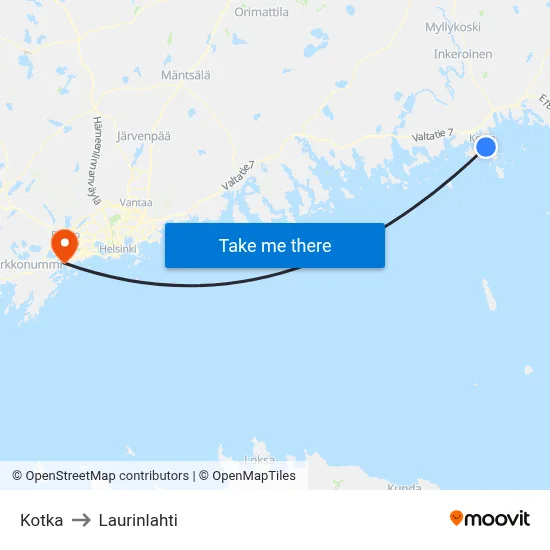 Kotka to Laurinlahti map
