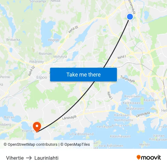 Vihertie to Laurinlahti map