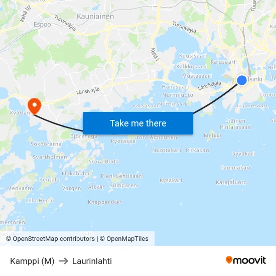 Kamppi (M) to Laurinlahti map