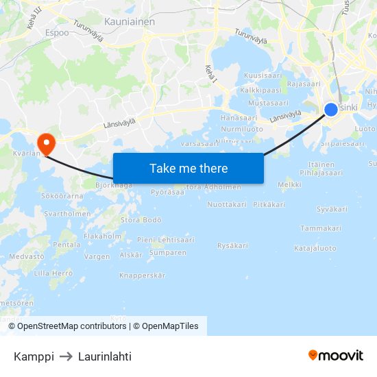 Kamppi to Laurinlahti map