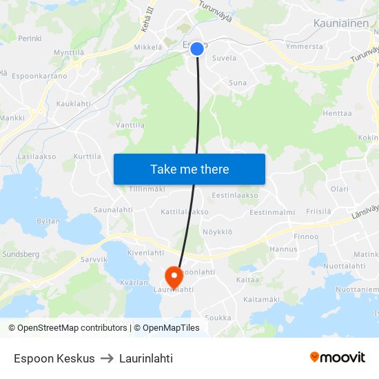 Espoon Keskus to Laurinlahti map