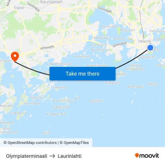 Olympic Terminal to Laurinlahti map