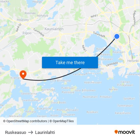 Ruskeasuo to Laurinlahti map