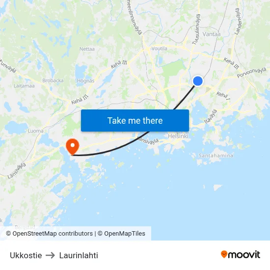 Ukkostie to Laurinlahti map