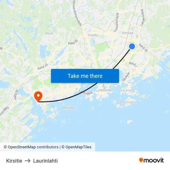 Kirsitie to Laurinlahti map