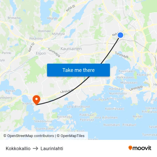 Kokkokallio to Laurinlahti map