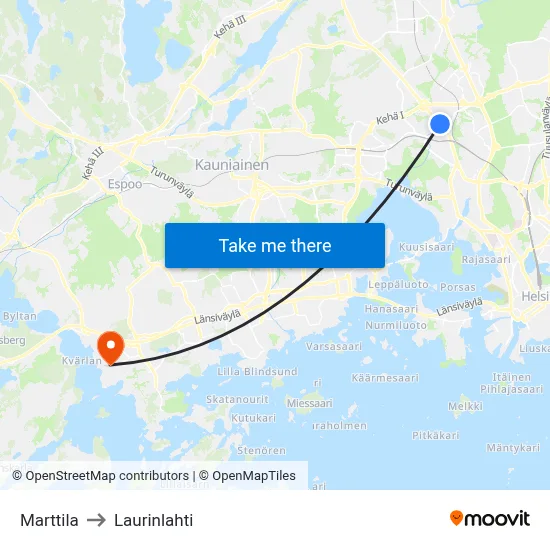 Marttila to Laurinlahti map