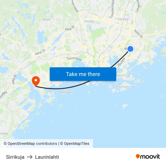 Sirrikuja to Laurinlahti map