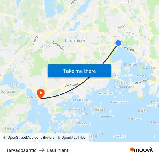 Tarvaspää Road to Laurinlahti map