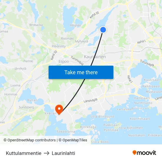 Kuttulampi Road to Laurinlahti map