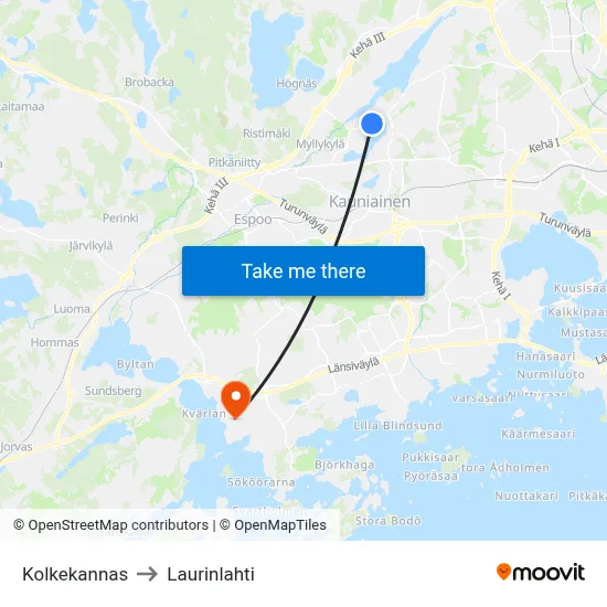 Kolkekannas to Laurinlahti map