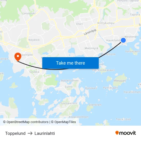 Toppelund to Laurinlahti map