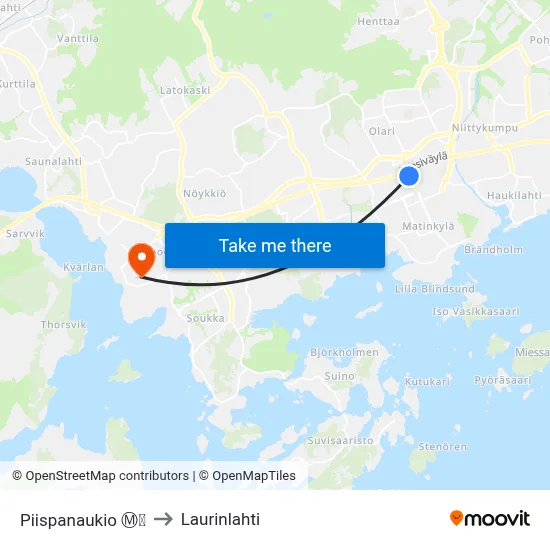Piispanaukio Ⓜ️🛍️ to Laurinlahti map