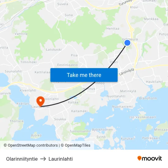 Olarinniitty Road to Laurinlahti map