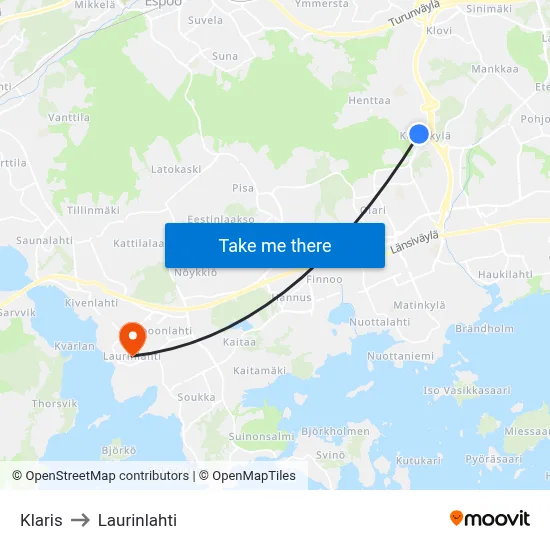 Klaris to Laurinlahti map
